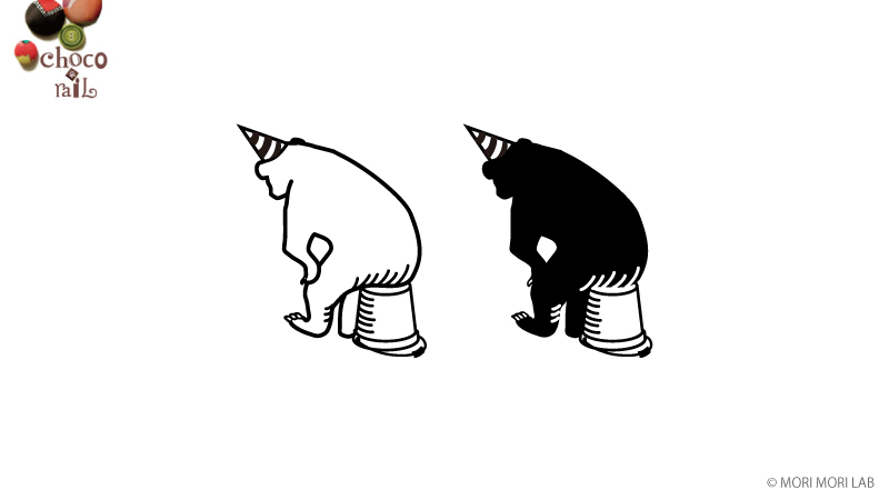 choco-rail（ショコレイル）のサーカス出待ちマレーグマイラスト。その背中側に使われるバケツに座った2頭の熊のイラスト