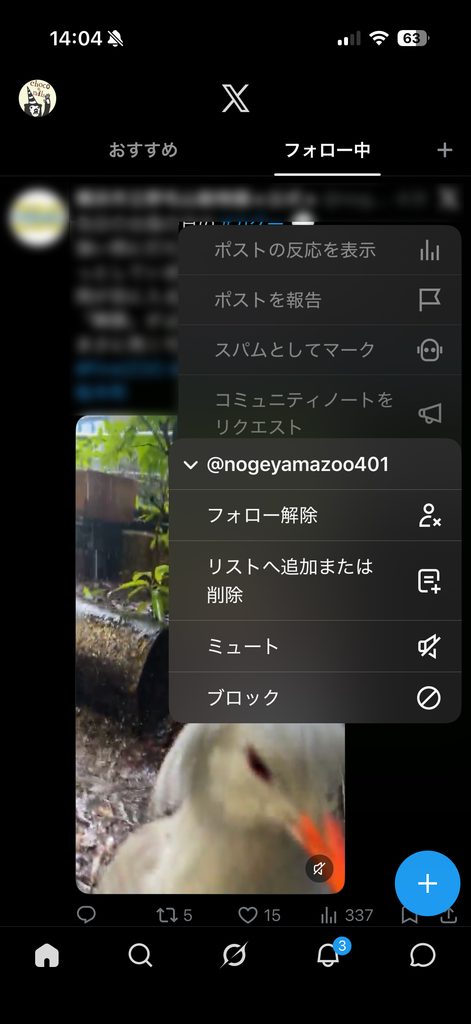 Xで投稿をミュート、ブロックなどをする方法