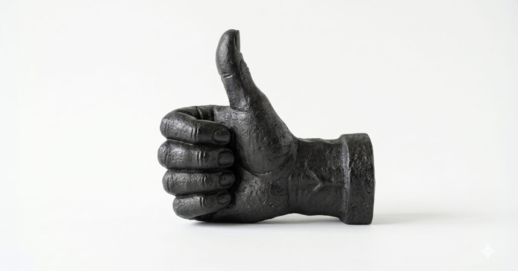 あずみけいし短編小説作品【妻との約束】イメージ画像。南部鉄器風のサムズアップしたオブジェの画像