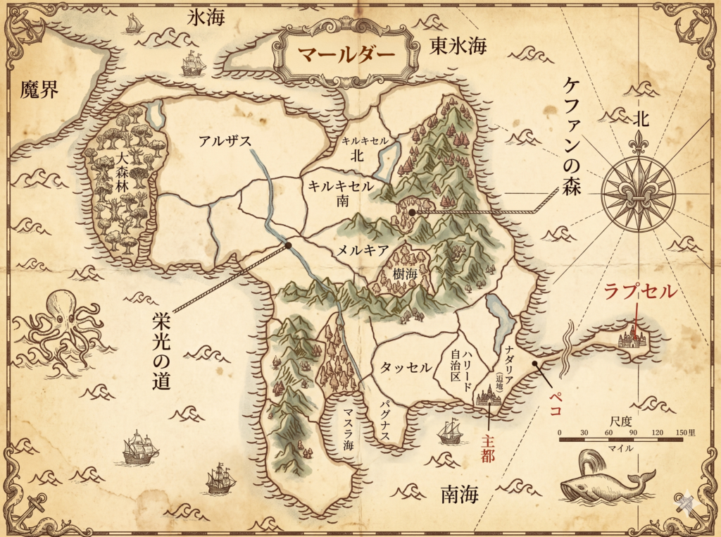 あずみけいし長編小説『禍々☆パラディン』設定資料。マールダー世界地図の画像