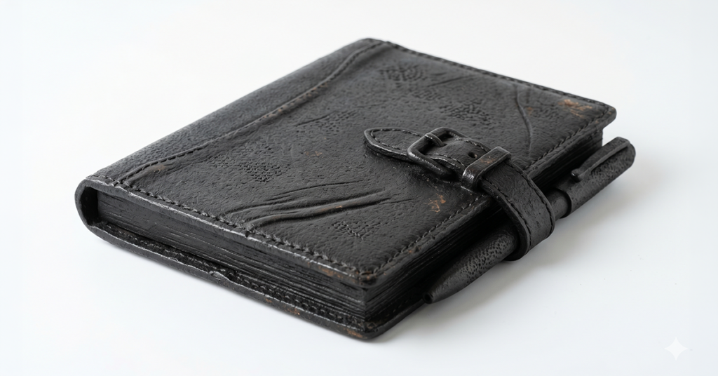 あずみけいし短編小説作品【疲れた男】イメージ画像。南部鉄器風の手帳の画像。