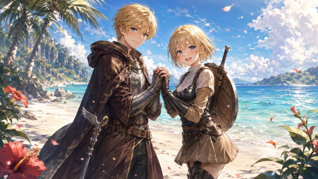 【禍々☆パラディン】登場人物。リック・ベアルハルトとミリィ・リード。砂浜に立つ仲睦まじいイメージイラスト